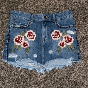 Free People Floral Embroidered Denim Mini Skirt